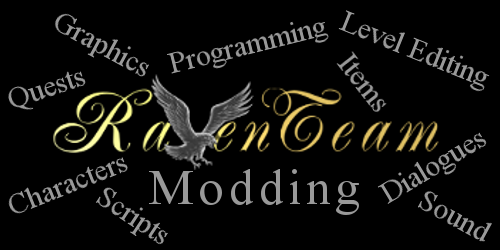 Text-Collage: Raventeam Logo mit Modding-Begriffen